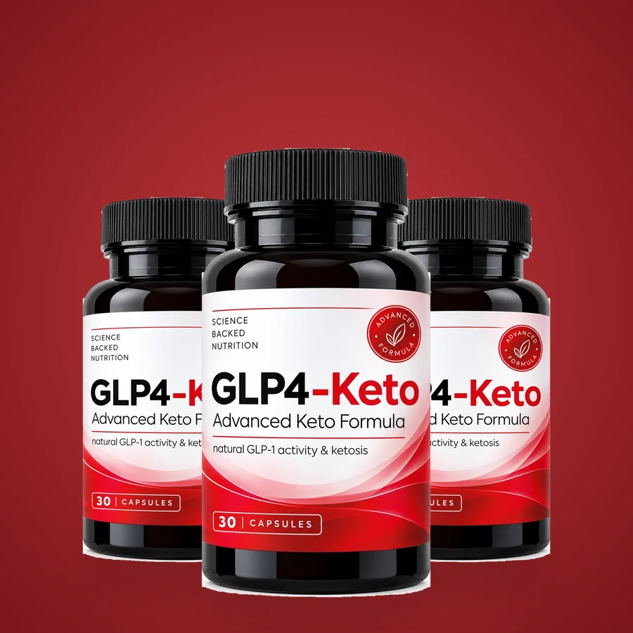 Drie potten GLP4 Keto naast elkaar op een rode achtergrond, goed voor drie maanden